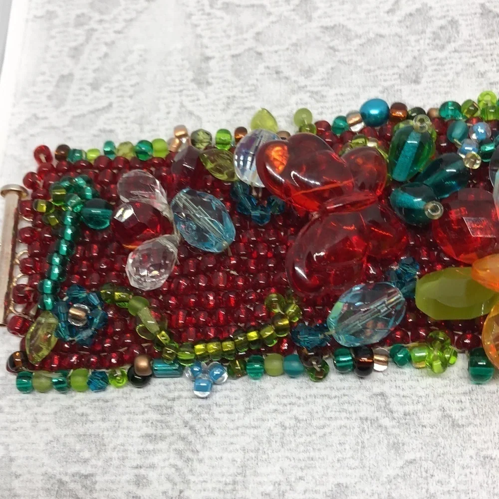 ARTISAN handmade flower glass cluster bead statement bracelet boho fairy fantasy